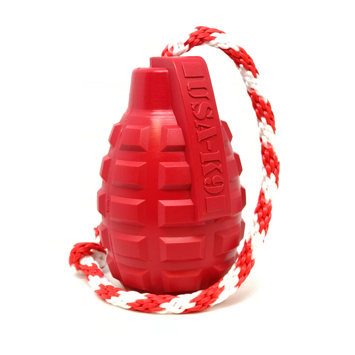 USA-K9 Grenade Durable Rubber Chew Toy, Treat Dispenser, Reward Toy, Tug Toy, and Retrieving Toy